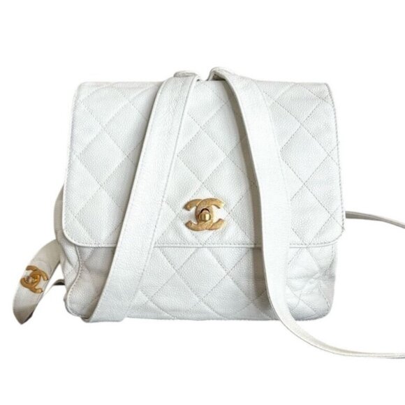 Authentic CHANEL 24K Vintage Caviar Quilted Classic Backpack White Ivory Purse - Picture 1 of 10